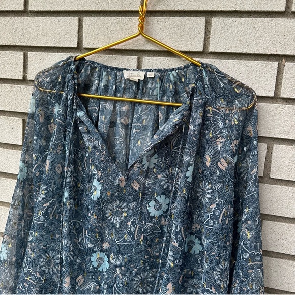 Anthropologie Let Me Be Blue Floral Sheer Chiffon Blouse M Puffed Sleeves Boho - Picture 5 of 14